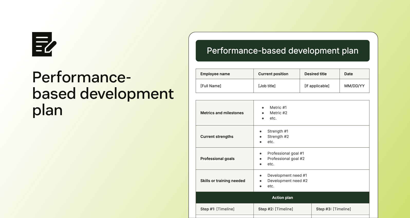 Preview of a performance-based development plan including sections for metrics, strengths, professional goals, training needs, and action steps.